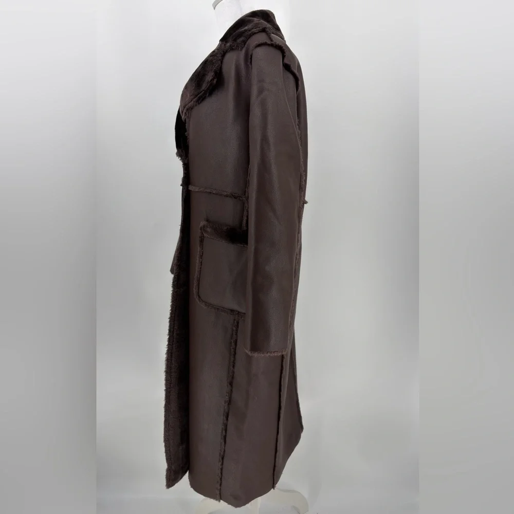 Jason Wi Shearling long Coat Cafe Noir Brown Teddy Lined Button Front Size M NWT - Picture 2 of 8